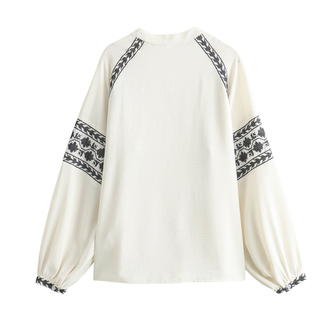 Damen bestickte Bluse mit modernen Puffärmeln und elegantem Stehkragen Drune