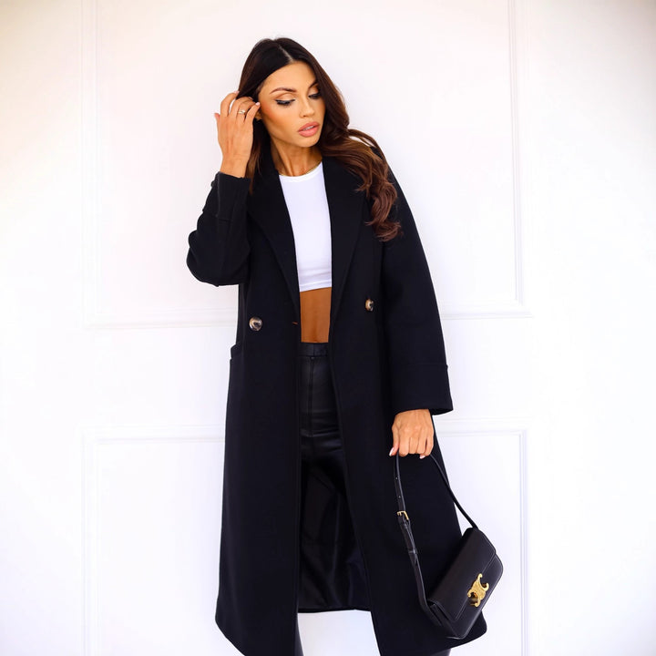 Damen Eleganter und modischer Wollmantel mit doppelter Knopfreihe Drune