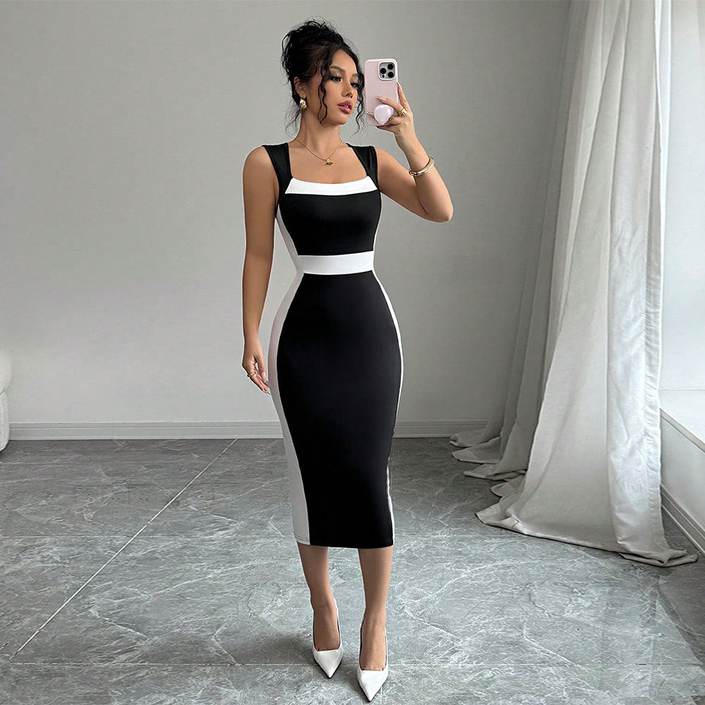 Damen figurbetontes Midi-Kleid mit modischem Kontrastschnitt und schmalen Trägern Drune