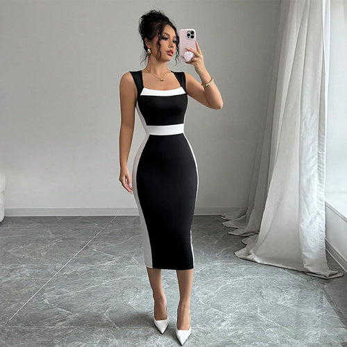 Damen figurbetontes Midi-Kleid mit modischem Kontrastschnitt und schmalen Trägern Drune