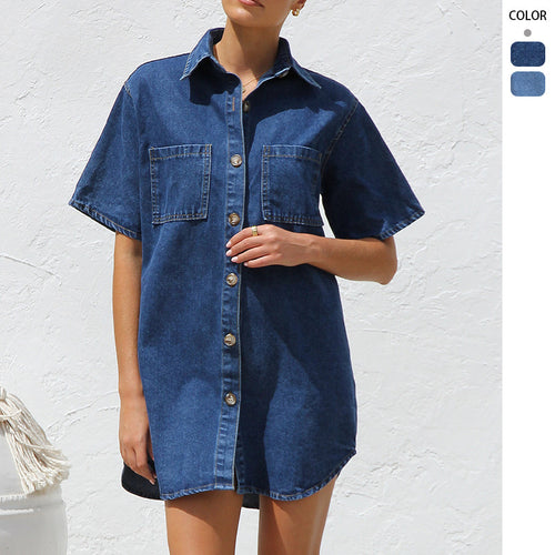 Damen Jeanshemdkleid mit kurzen Ärmeln und praktischen Taschen Drune