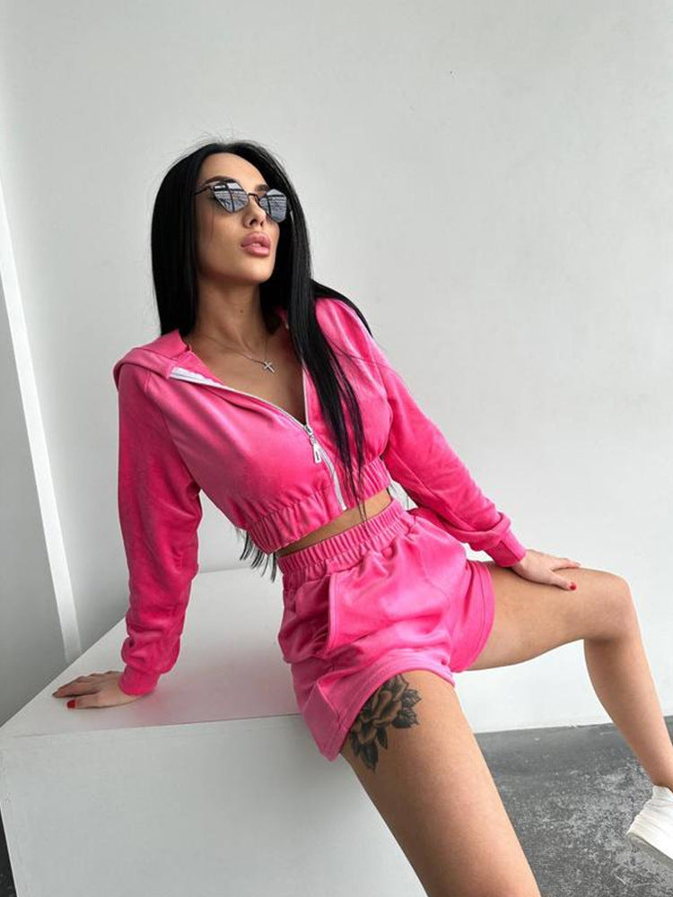 Damen sportliches Fleece Loungewear Set mit Kapuze Drune