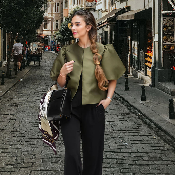 Damen Elegantes Midikleid mit strukturiertem Oberteil und voluminösen Ärmeln Drune