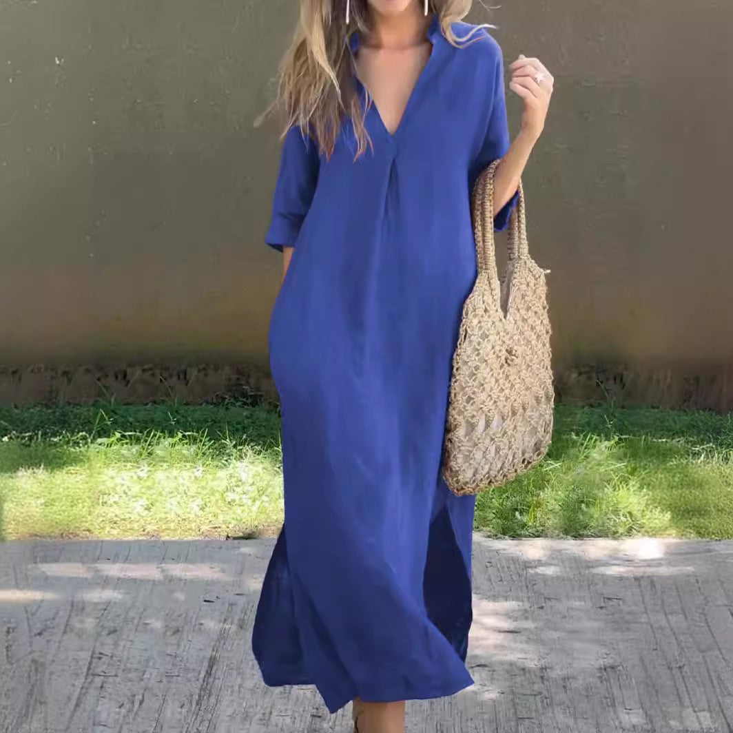 Damen Langes Leinenkleid mit V-Ausschnitt und seitlichen Schlitzen Drune