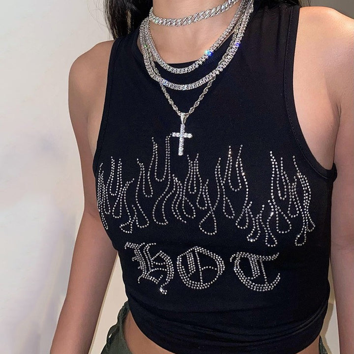 Damen Crop-Top mit auffälligem Flammenmotiv und glänzenden Akzenten Drune