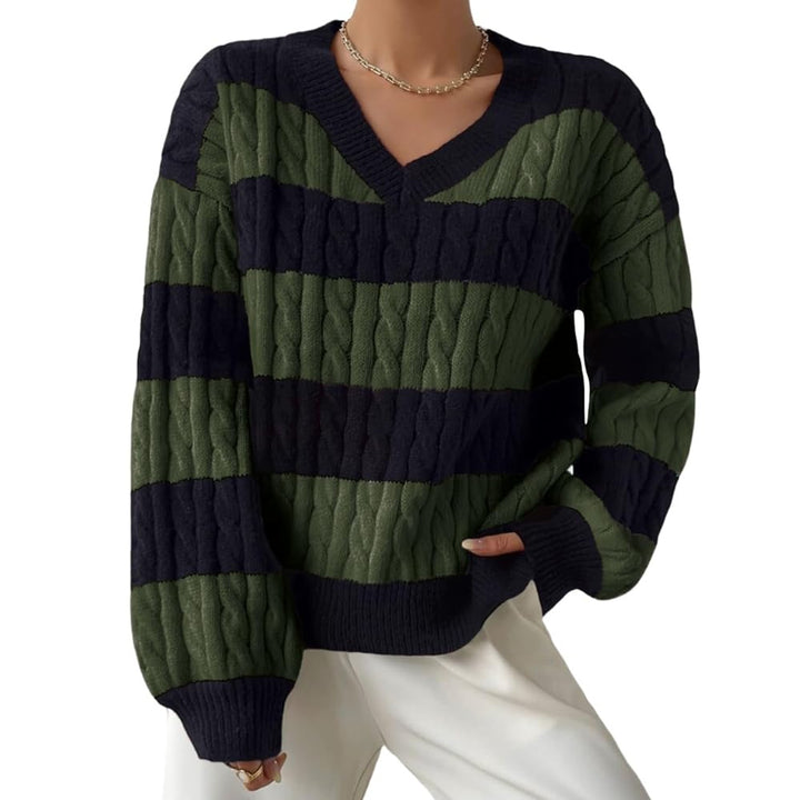 Damen Grobstrickpullover mit modischem V-Ausschnitt und buntem Streifenmuster Drune