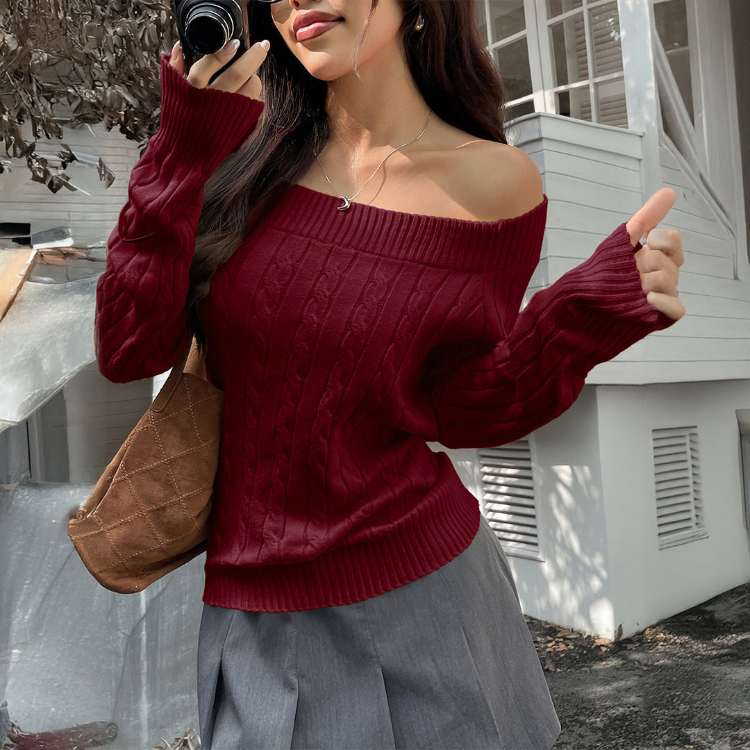 Damen Eleganter Off-Shoulder Pullover mit feinem Zopfmuster Drune