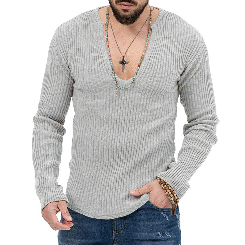 Herren elegantes Langarmshirt mit tiefem V-Ausschnitt und strukturiertem Gewebe Drune