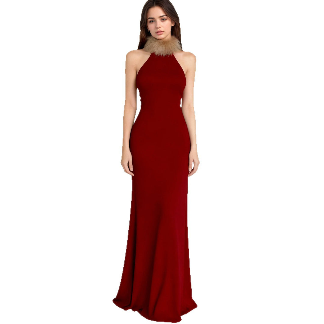 Damen Elegantes Maxikleid mit luxuriösem Kunstpelzkragen Drune