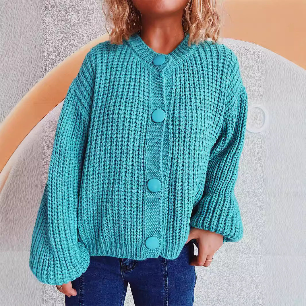Damen Grobstrickjacke mit ballonförmigen Ärmeln und dekorativen Knöpfen Drune