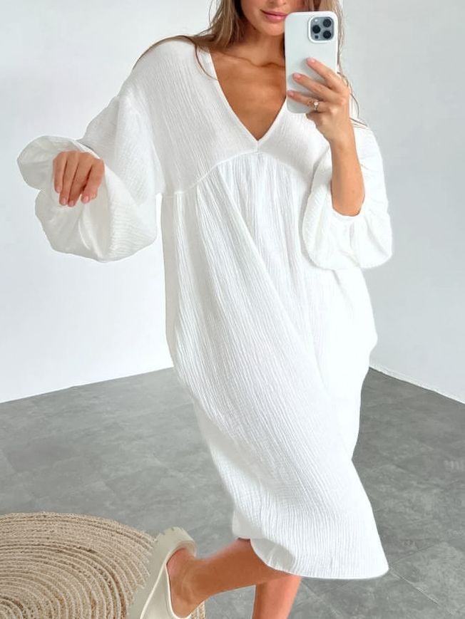 Damen lässiges Oversized-Kleid mit voluminösen Ärmeln und V-Ausschnitt Drune