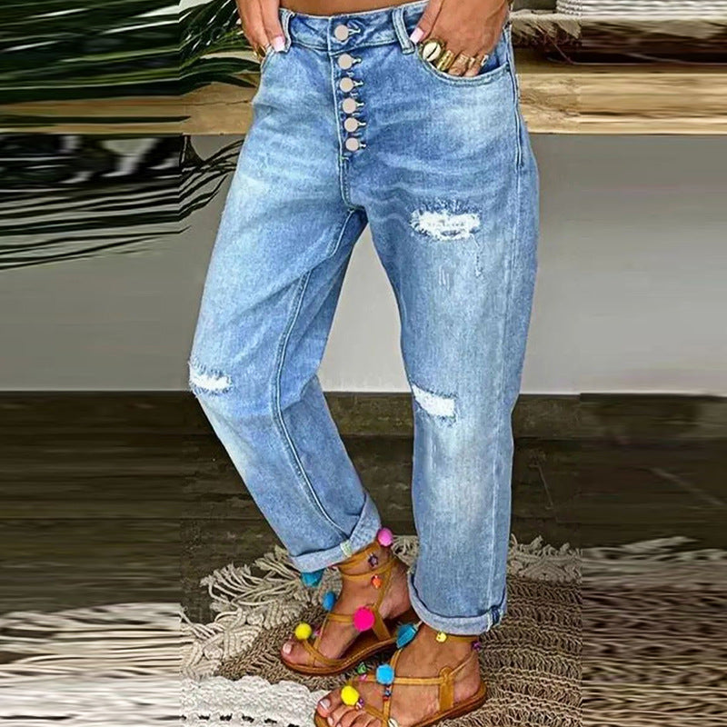 Damen Mom-Jeans mit Knopfverschluss und stylischen Distressed-Details Drune