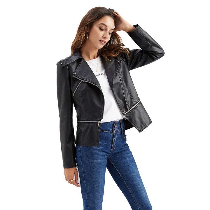 Damen nan taillierte Kunstleder-Bikerjacke mit asymmetrischem Reverskragen Drune