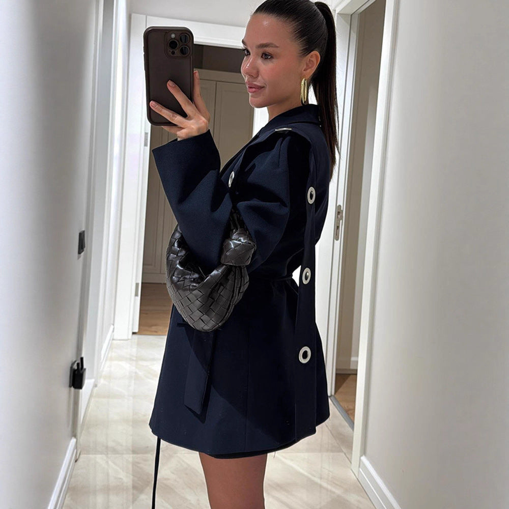 Damen Oversized Blazerjacke mit modischen Bindetail und großen Knöpfen Drune