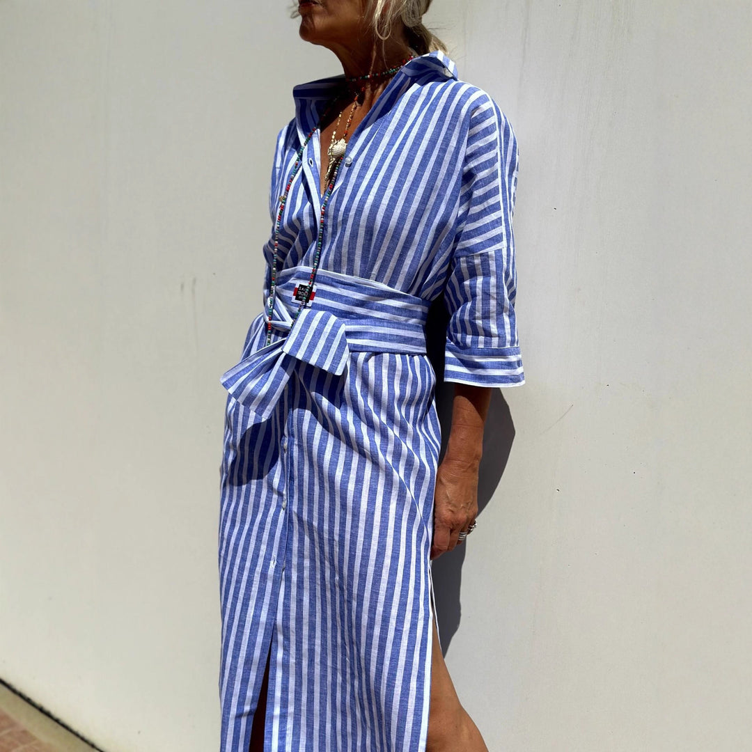 Damen Hemdblusenkleid mit modernem Schnürdesign und seitlichen Schlitzen Drune
