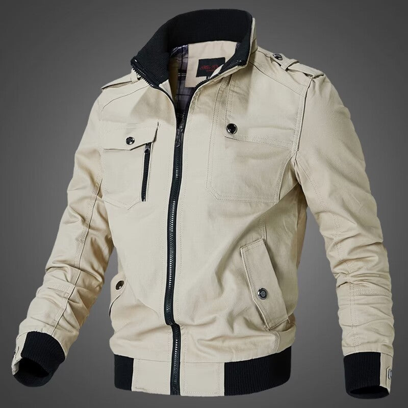 Herren nan taillierte Canvas-Bomberjacke mit Stehkragen, Reißverschlussfront, Schulterpatten und funktionalen Taschen Drune