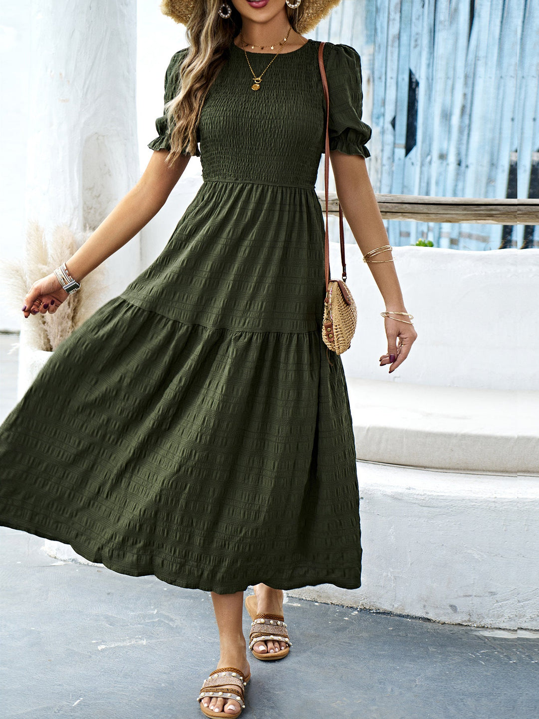 Damen Midikleid mit elastischem Taillenbund und schwingendem Rock Drune