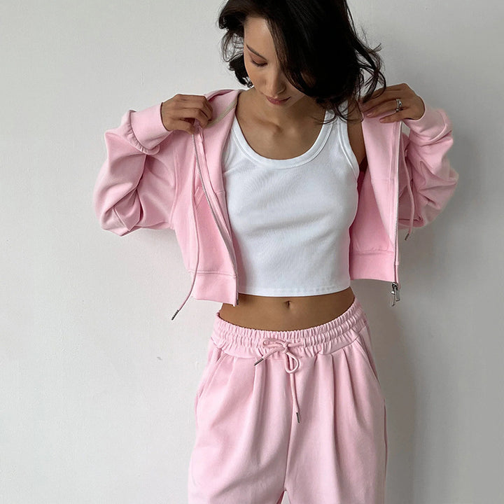 Damen modischer Cropped Hoodie und weit geschnittene Jogginghose Set Drune