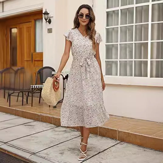 Damen Midi-Kleid mit floralem Design und Taillengürtel Drune
