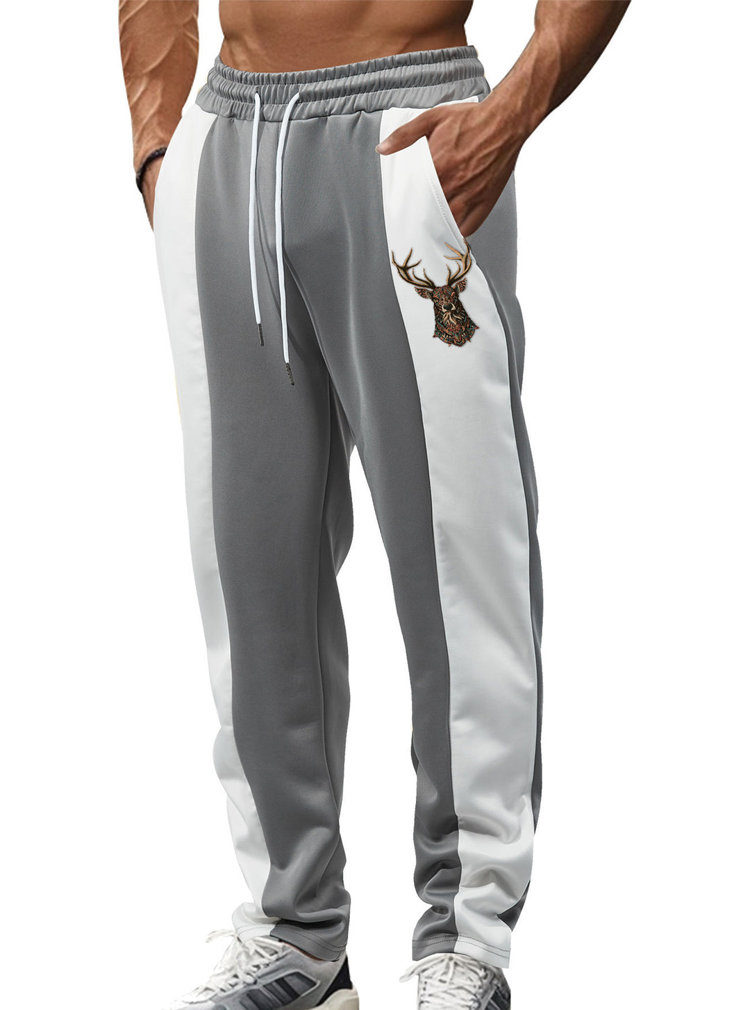 Herren nan sportive Trackpants mit seitlichen Kontrastbahnen elastischem Bund Kordelzug und Hirschstickerei Drune