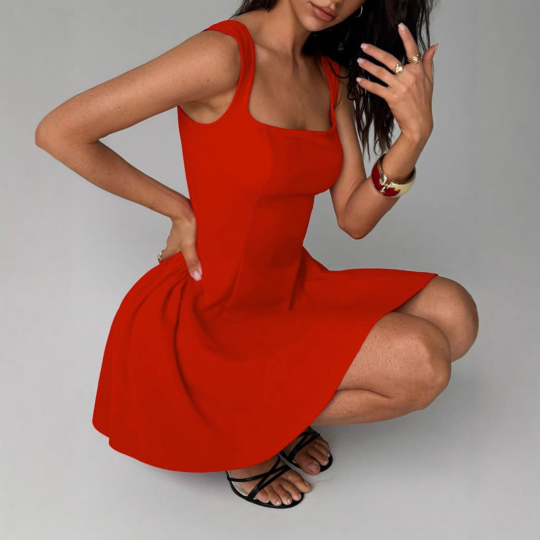 Damen A-Linien Kleid mit quadratischem Ausschnitt und schwingendem Rock Drune