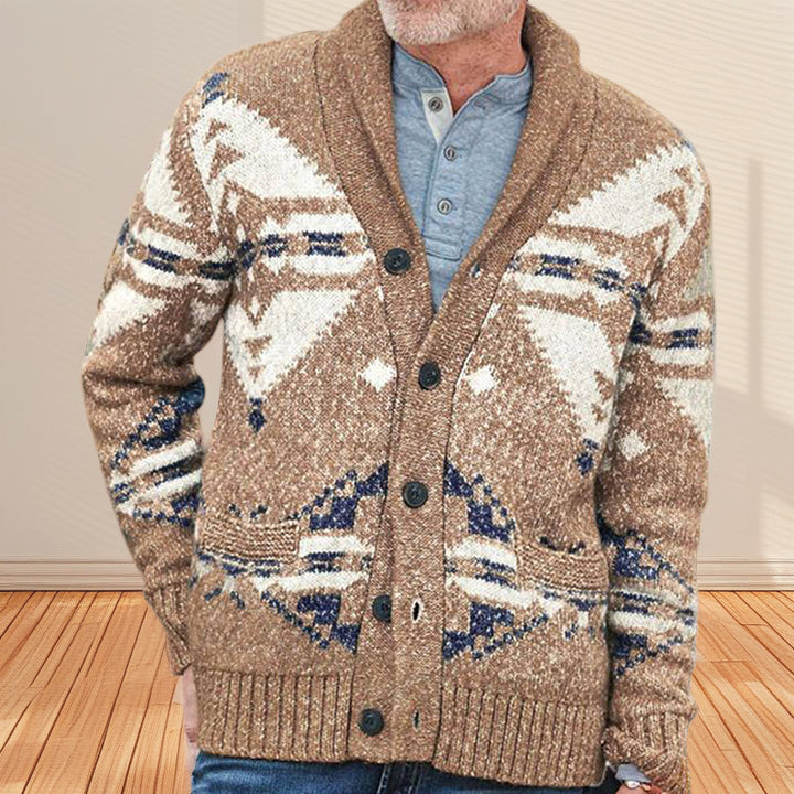 Herren Strickjacke mit einzigartigem geometrischen Muster und tiefem Kragen Drune