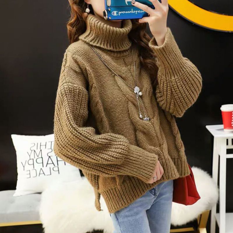 Damen Grobstrickpullover mit hohem Rollkragen und modernem Zopfmuster Drune
