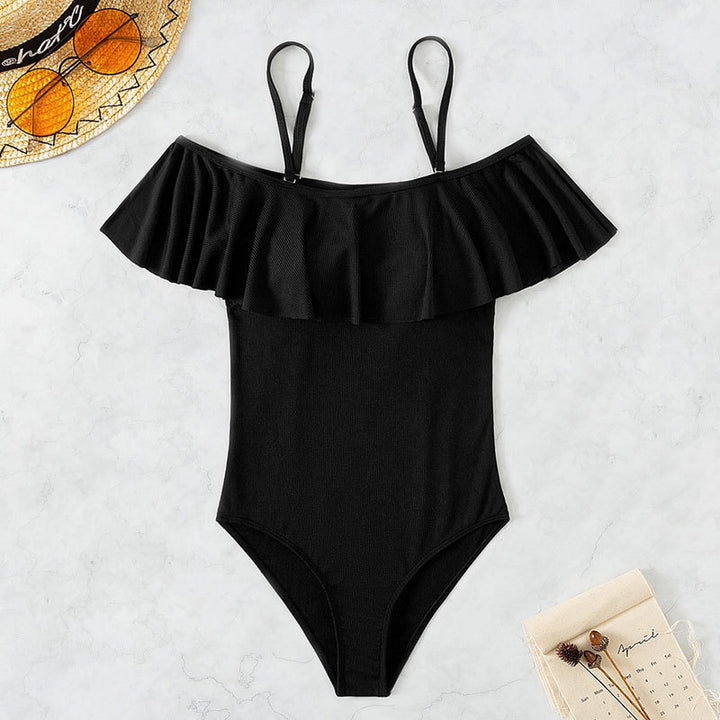 Damen Eleganter Badeanzug mit Volants und schulterfreier Ausschnitt Drune