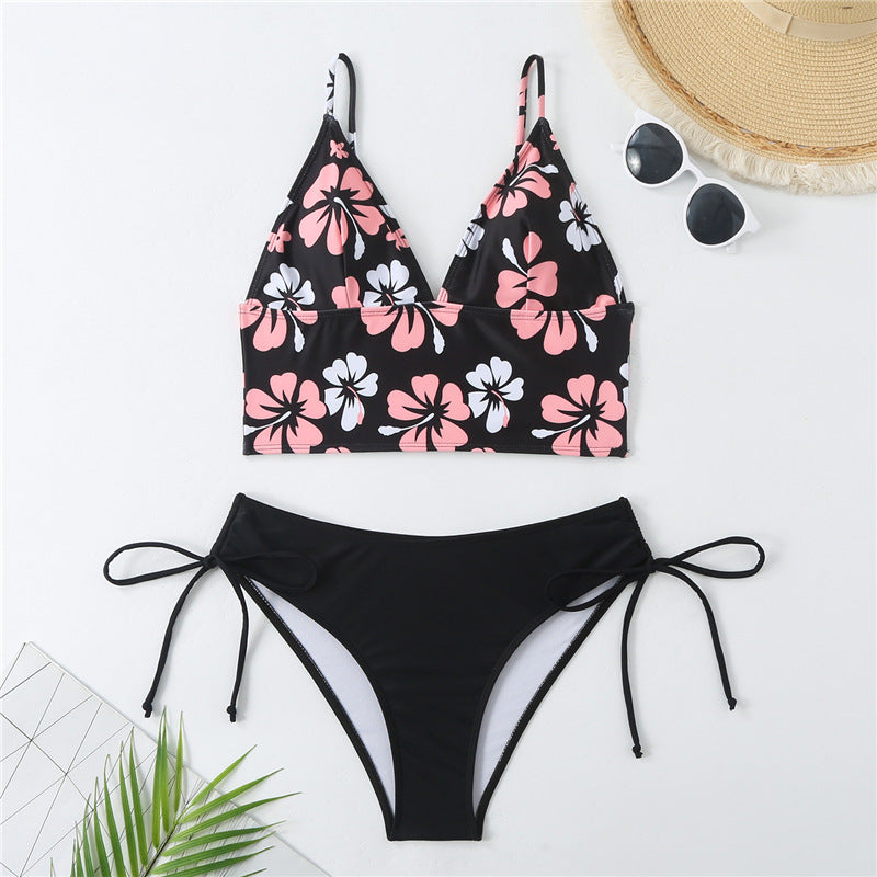 Damen Crop-Top Bikini mit verstellbaren Trägern und floralem Muster Drune