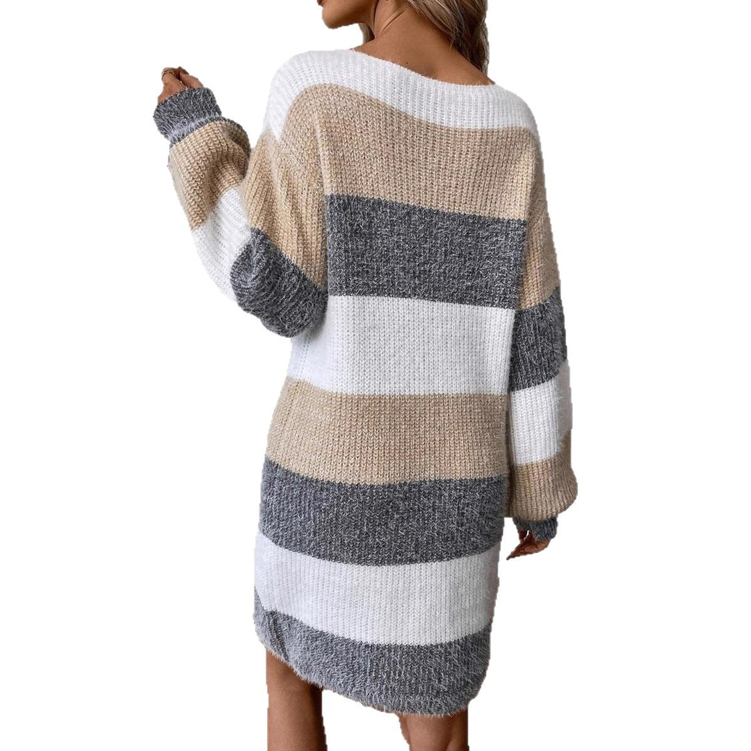 Damen Gemütlicher Strickkleid mit modischem Streifenmuster Drune