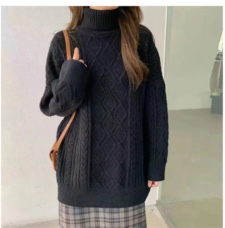 Damen Grobstrickpullover mit hohem Kragen und Zopfmuster Drune