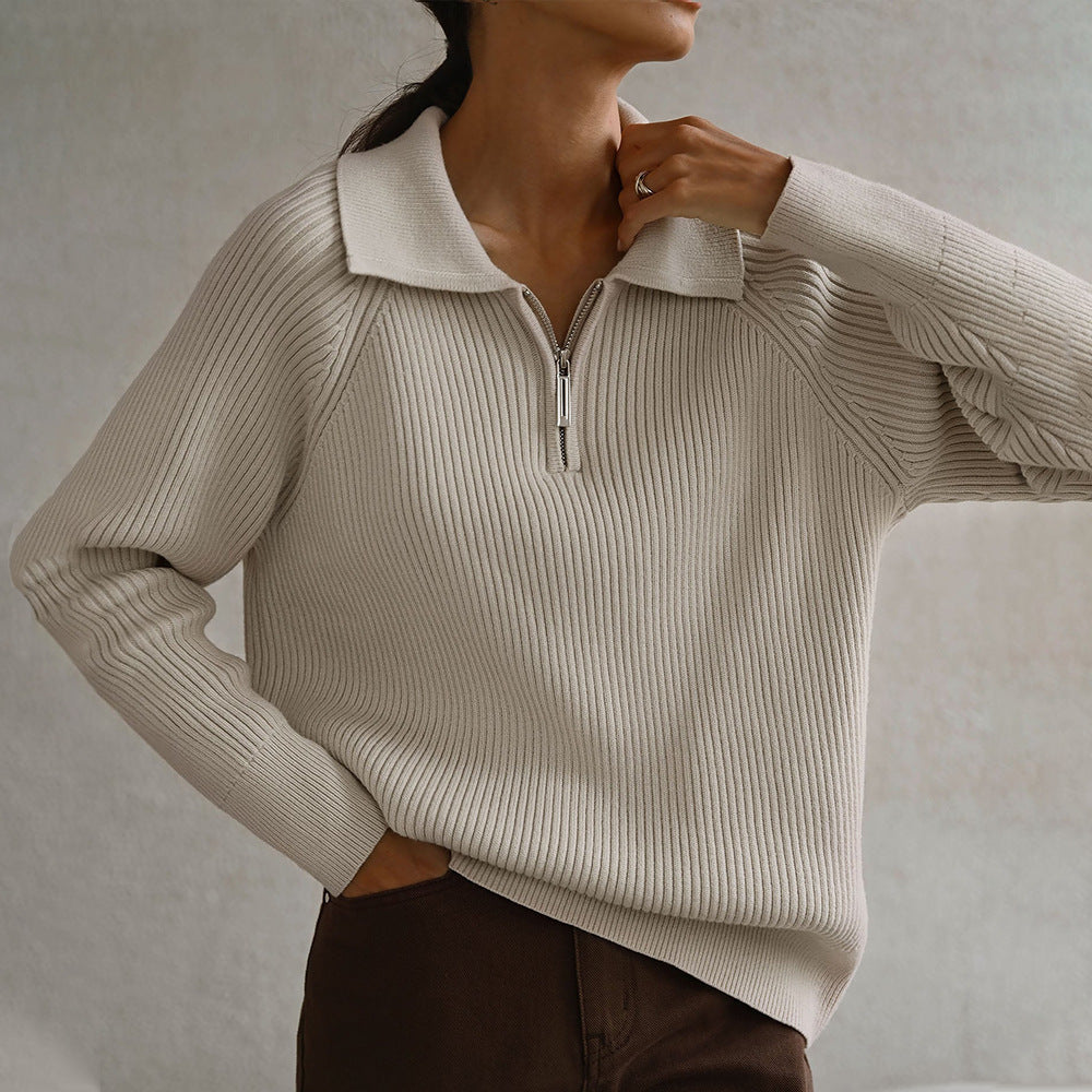 Damen moderner Langarm-Pullover mit Stehkragen und Zipper Drune