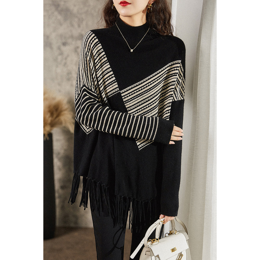 Damen Oversized Pullover mit grafischem Streifenmuster und Fransen Drune