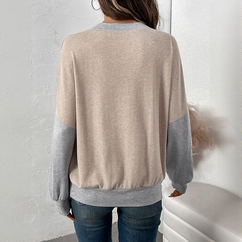 Damen lässiger Langarm-Pullover mit kontrastierenden Ärmeln und V-Ausschnitt Drune