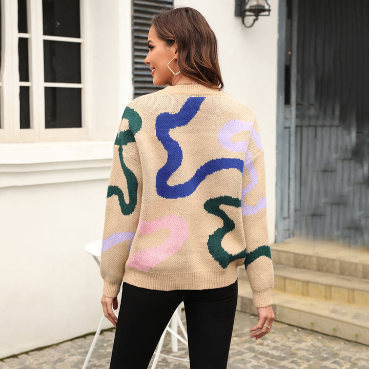 Damen modischer Strickpullover mit abstrakten Mustern und weichem Material Drune