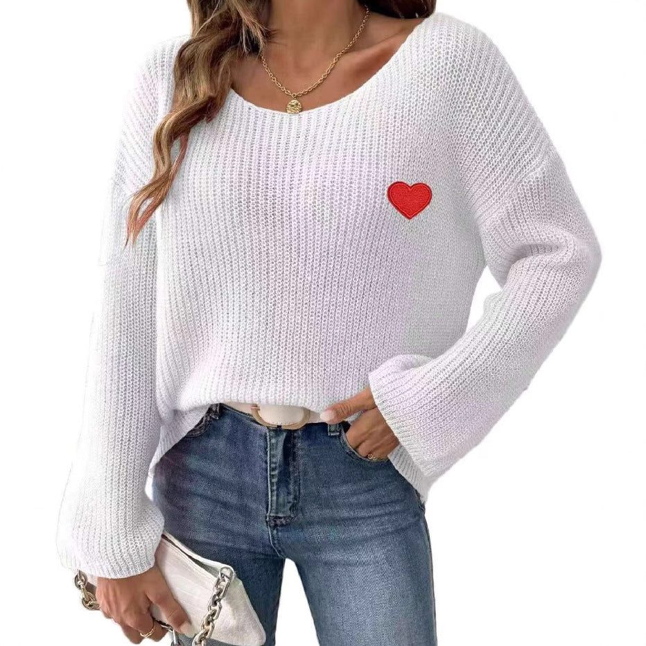 Damen Lockere Strickpullover mit Herzapplikation Drune