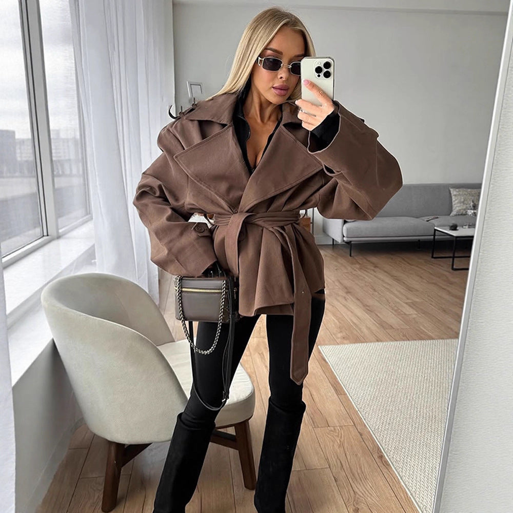 Damen modische Trenchjacke mit weitem Schnitt und Bindeband Drune