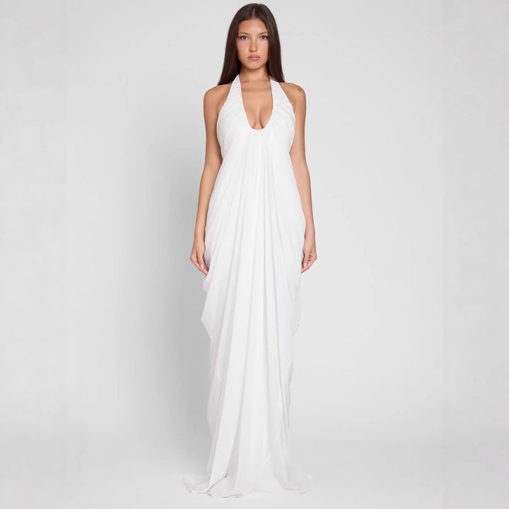 Damen Elegantes Maxikleid mit tiefem V-Ausschnitt und fließendem Drapé Drune