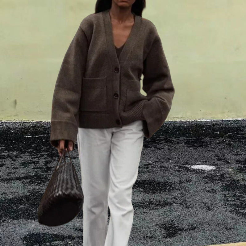 Damen Lässiger Strickjacke mit großen Taschen und offenem Schnitt Drune