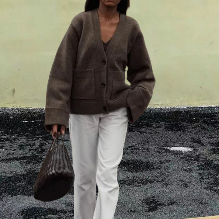 Damen Lässiger Strickjacke mit großen Taschen und offenem Schnitt Drune