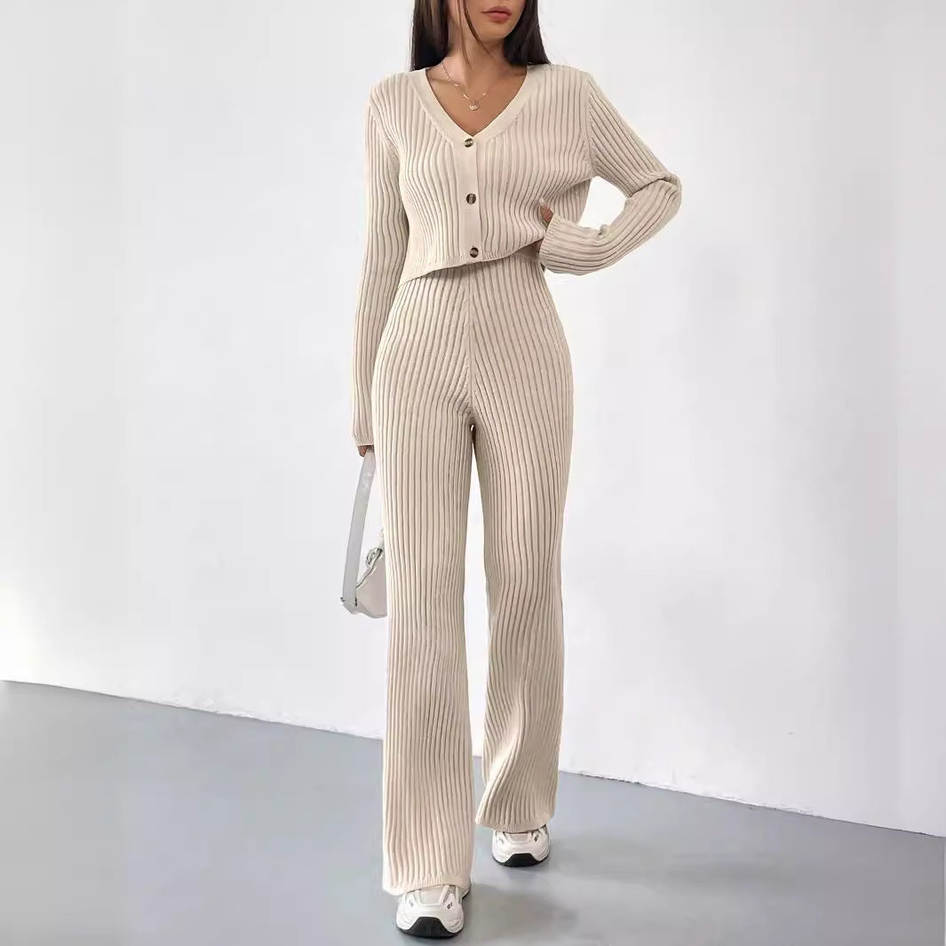 Damen Elegantes Strick-Lounge-Set mit V-Ausschnitt und hohen Bündchen Drune
