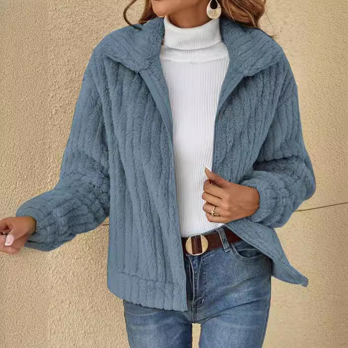 Damen nan kuschelige Teddyjacke mit durchgehendem Reißverschluss, Stehkragen und Eingrifftaschen Drune