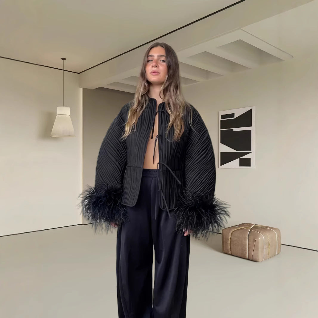 Damen elegante Boucle-Jacke mit extravaganten Ärmeln Drune