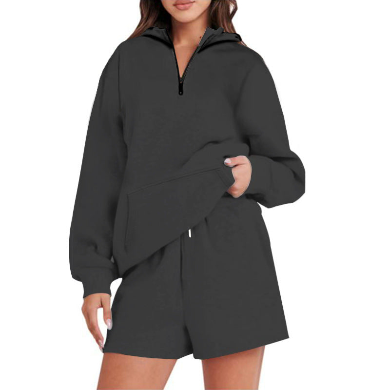Damen Lässiger Kapuzenpullover mit kurzem Reißverschluss und praktischen Taschen Drune