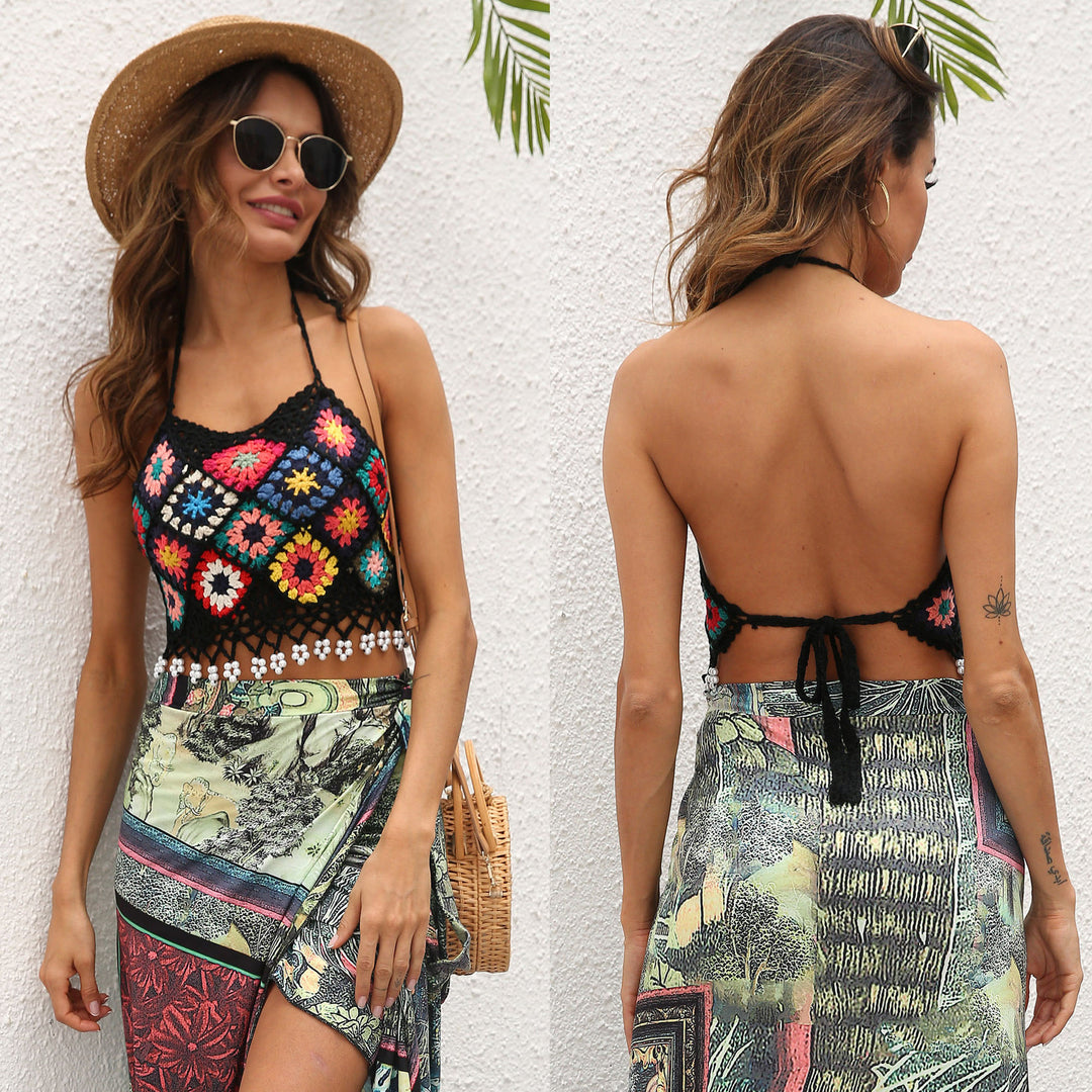 Damen gehäkeltes Crop-Top mit buntem Blumenmuster Drune