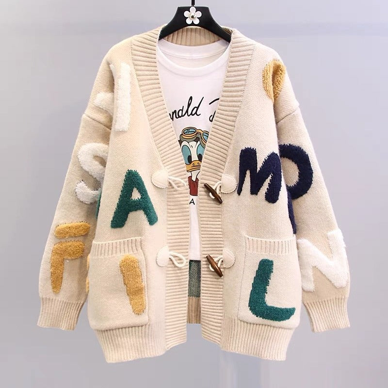 Damen Grobstrick-Cardigan mit kreativen Applikationen und großen Taschen Drune