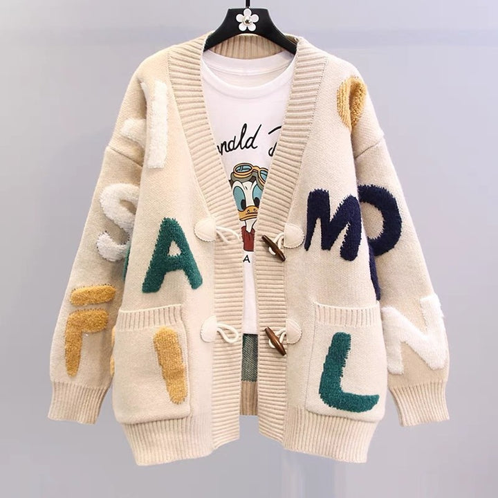 Damen Grobstrick-Cardigan mit kreativen Applikationen und großen Taschen Drune