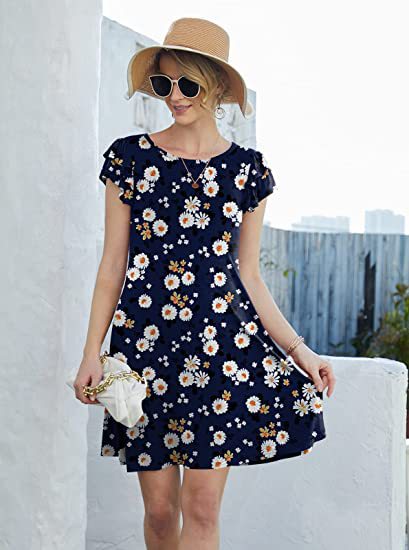 Damen Sommerliches Blumenkleid mit Rüschendetails und schwingendem Rock Drune