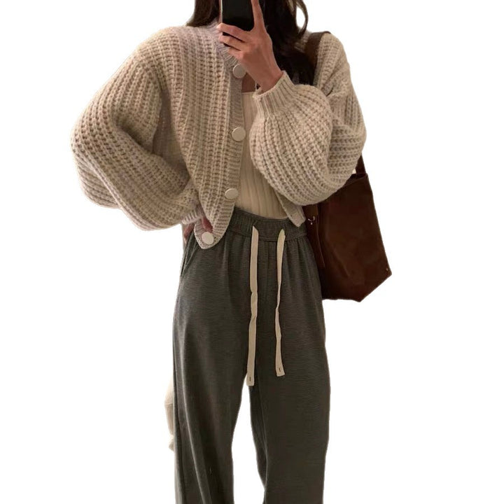 Damen Grobstrickcardigan mit voluminösen Ärmeln und großen Knöpfen Drune