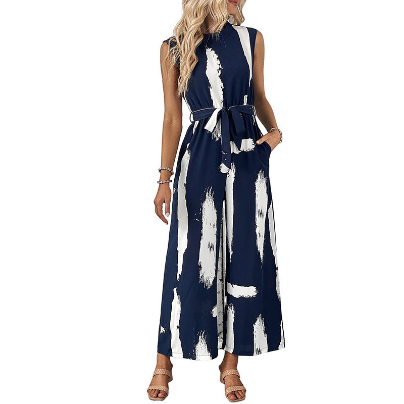 Damen Jumpsuit mit modernem Streifenmuster und praktischen Bindegürtel Drune